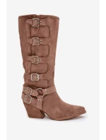 Dámské kozačky kovbojského stylu na podpatku s přezkami Fivelle – tmavě béžové Dámské kozačky kovbojského stylu na podpatku s přezkami Fivelle – tmavě béžové