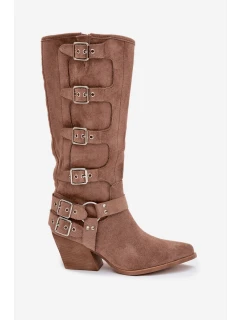 Dámské kozačky kovbojského stylu na podpatku s přezkami Fivelle – tmavě béžové
