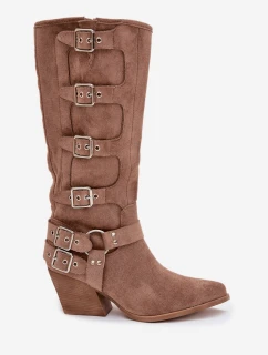 Dámské kozačky kovbojského stylu na podpatku s přezkami Fivelle – tmavě béžové