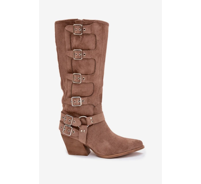 Dámské kozačky kovbojského stylu na podpatku s přezkami Fivelle – tmavě béžové Dámské kozačky kovbojského stylu na podpatku s přezkami Fivelle – tmavě béžové