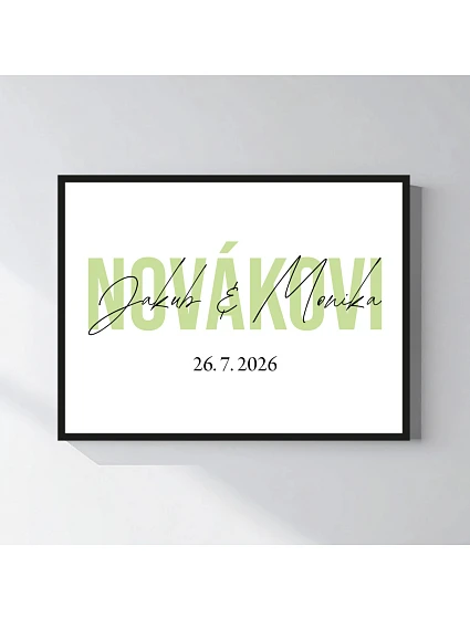 Personalizovaný magický fotoobraz v rámu - čtverec 30x40 - jména novomanželů Personalizovaný magický fotoobraz v rámu - čtverec 30x40 - jména novomanželů