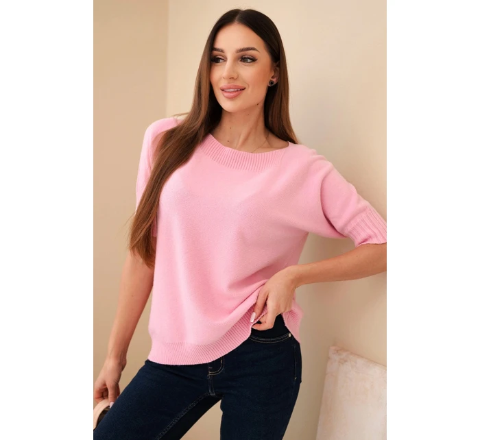 Dámský svetr z viskózy s krátkým rukávem model 21857643 růžová - K-Fashion