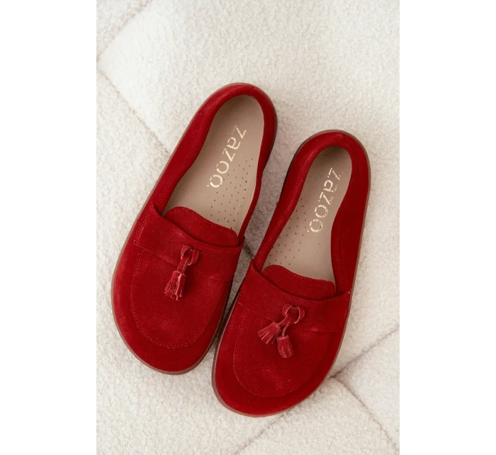 Kožené semišové mokasíny typu barefoot Zazoo  – červené