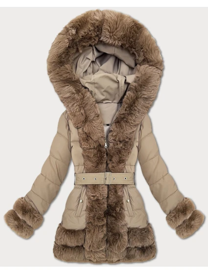 Tmavě béžová elegantní bunda pro přechodné období s kožešinou S'West (B8526-12)
