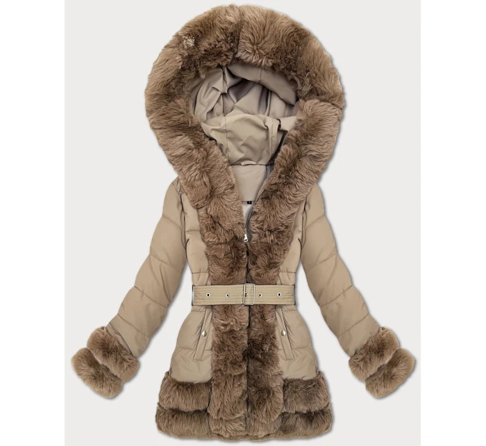 Tmavě béžová elegantní bunda pro přechodné období s kožešinou S'West (B8526-12)