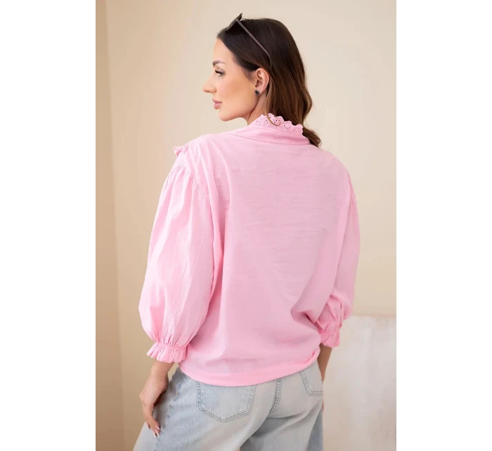 Dámská bavlněná košile s krajkou a vázáním světle růžová Dámská bavlněná košile s krajkou a vázáním světle růžová