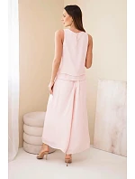 Dámský komplet z viskózy s model 22048797 bez rukávů a širokými kalhotami s ozdobným zakončením pudrově růžová - K-Fashion