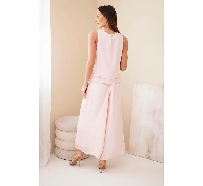 Dámský komplet z viskózy s model 22048797 bez rukávů a širokými kalhotami s ozdobným zakončením pudrově růžová - K-Fashion