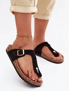 Kožené semišové žabky s zlatou sponou Černé Honey