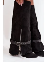 Dámské wsuwané kozačky nad koleno na sloupkovém podpatku s ozdobným páskem Jolivine – černé