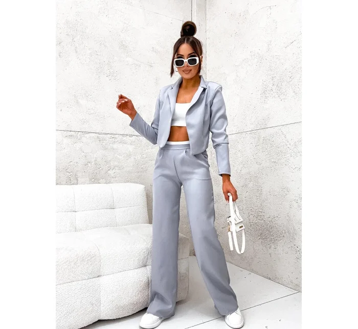 Šedý dámský komplet - krátké sako a široké kalhoty (8263)