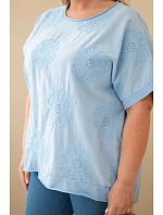 Dámská bavlněná halenka Plus Size s vyšívanými květinami modrá