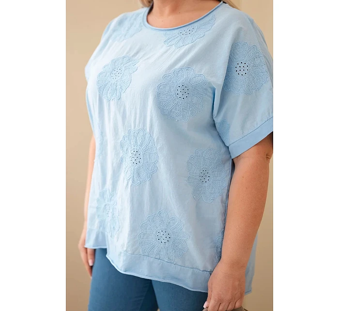 Dámská bavlněná halenka Plus Size s vyšívanými květinami modrá