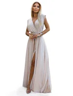 Elegantní béžové dlouhé dámské šaty s brokátem a s model 20110813 - numoco