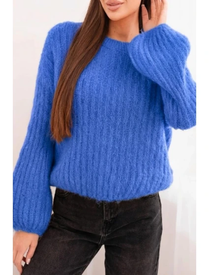 Svetr dámský z mohairu s bufkovými rukávy tmavě džínový