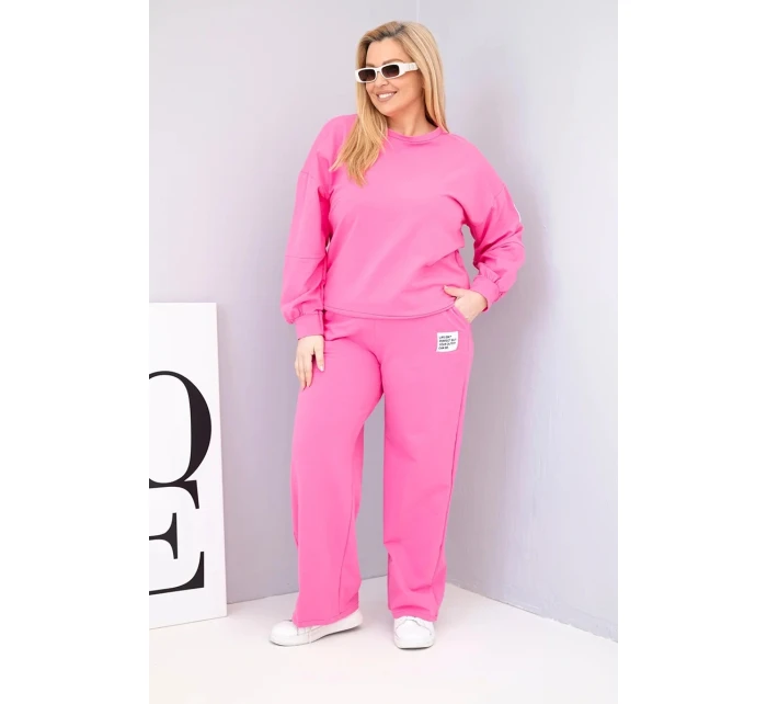 Dámský komplet Plus Size bavlněný s volnou mikinou a kalhotami s širokou nohavicí růžový