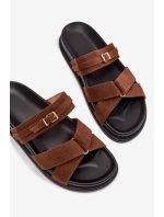 Dámské pantofle s pásky a zlatým sponou Hnědé model 21954730 - Boto