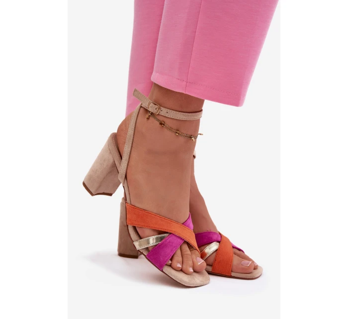 Dámské sandály na podpatku s pásky Eko semiš Béžové model 21937467 - Boto