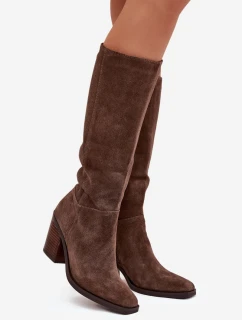 Dámské kozačky na sloupkovém podpatku se zipem Lissara – hnědé, eko semiš