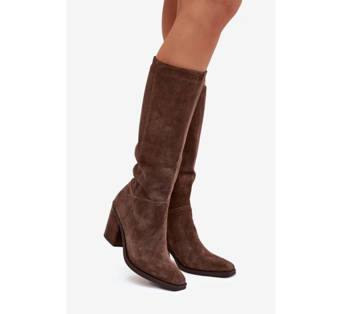 Dámské kozačky na sloupkovém podpatku se zipem Lissara – hnědé, eko semiš
