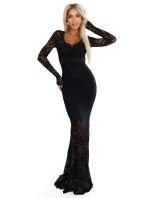 620-1 Večerní krajkové síťované maxi šaty s dlouhými rukávy - černé