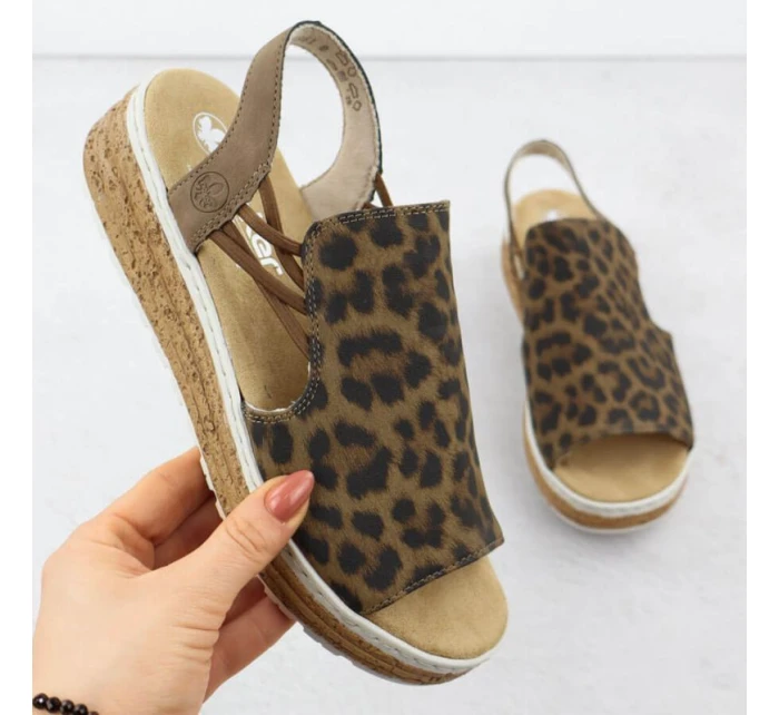 Dámské sandály na platformě s leopardím vzorem v béžové barvě Rieker 62741-90
