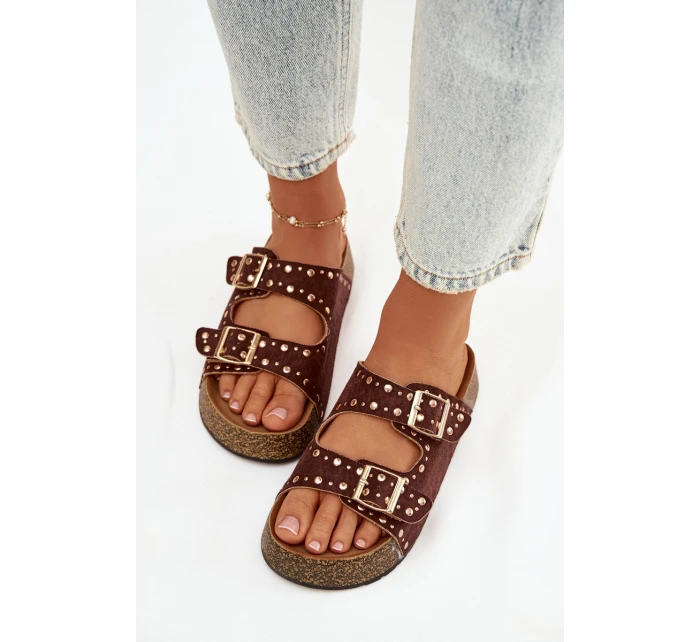 Dámské pantofle s zlatými sponami a knoflíky hnědé Tervina