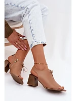 Kožené sandály na podpatku s šněrováním model 22185444 Cappuccino - Zazoo Kožené sandály na podpatku s šněrováním model 22185444 Cappuccino - Zazoo