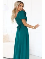 Elegantní dlouhé šaty s páskem a vysokým rozparkem lahvově zelené model 21779075 - numoco Elegantní dlouhé šaty s páskem a vysokým rozparkem lahvově zelené model 21779075 - numoco