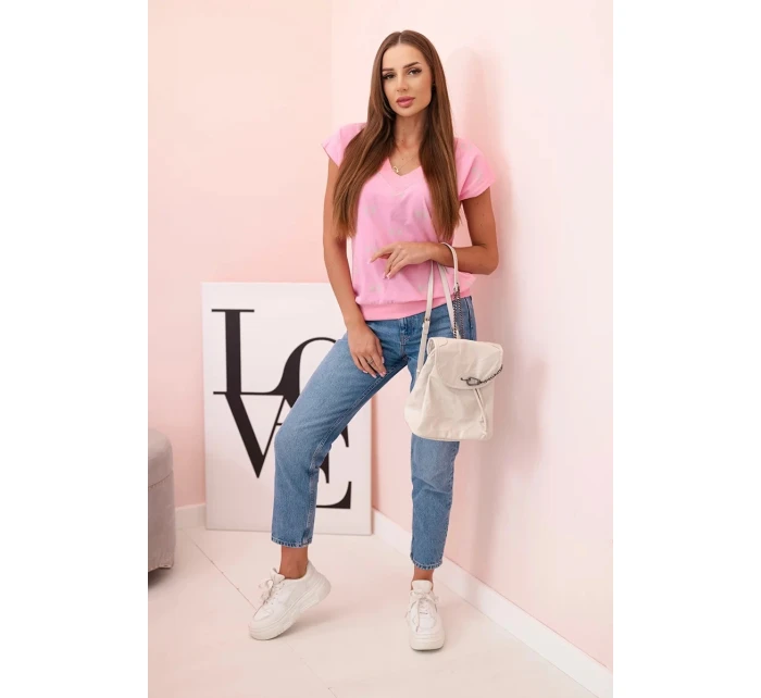Dámská blůza s výstřihem do V a potiskem model 21220069 světle růžová - K-Fashion