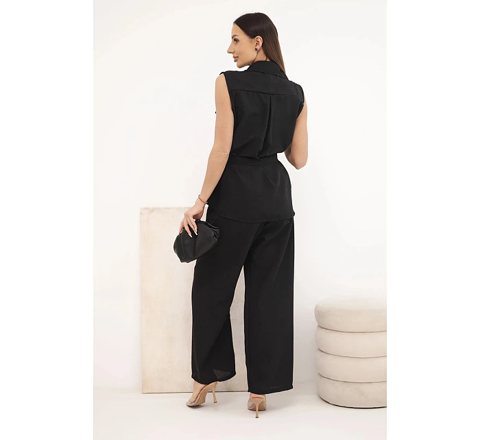 Dámský komplet s vázanou halenkou a širokými kalhotami černý