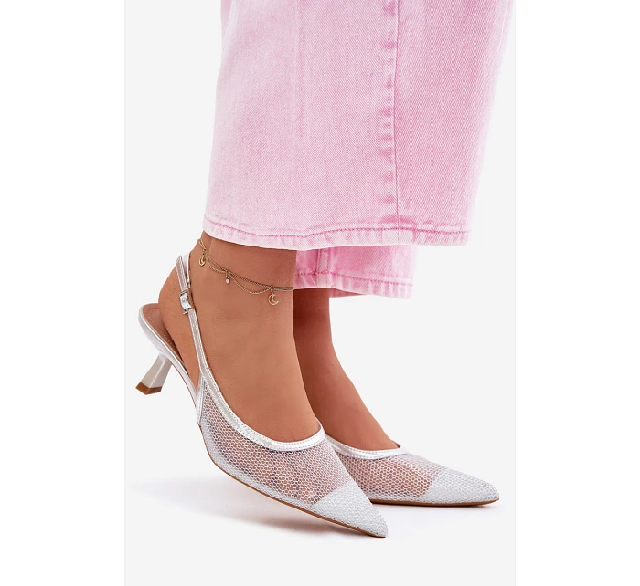 Calora Stříbrné Síťované Sandály Na Úzkém Podpatku Calora Stříbrné Síťované Sandály Na Úzkém Podpatku