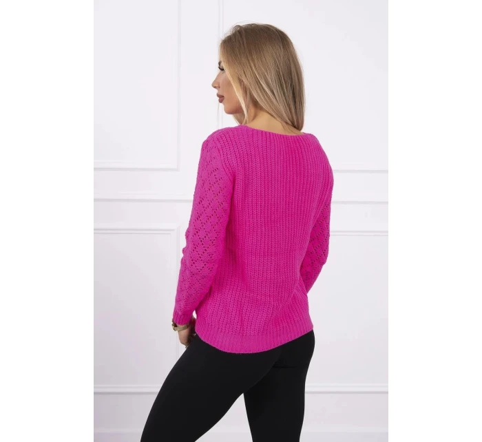 Dámský svetr s ažurovým zdobením neonově růžový - Kesi Dámský svetr s ažurovým zdobením neonově růžový - Kesi