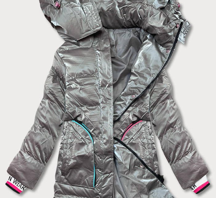 Šedá dámská zimní bunda s barevnými vsadkami (CAN-594)