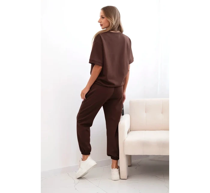 Dámský viskózový komplet s krátkým rukávem a nohavicemi hnědý