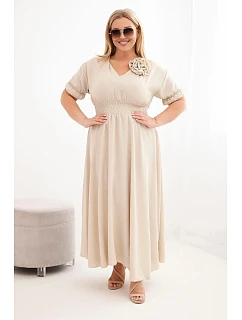 Dámské šaty Plus Size s výstřihem do V a nařaseným pasem tmavě béžové