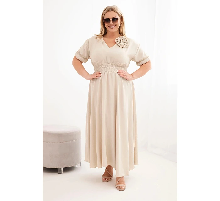 Dámské šaty Plus Size s výstřihem do V a nařaseným pasem tmavě béžové