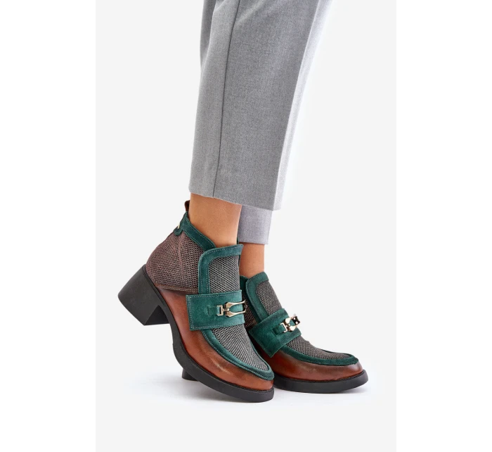 Kožené dámské kotníkové boty na masivním podpatku s ozdobou Maciejka A6747-29 hnědo-zelené Kožené dámské kotníkové boty na masivním podpatku s ozdobou Maciejka A6747-29 hnědo-zelené