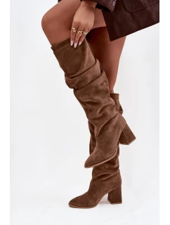 Vlnité kozačky z přírodního semiše na podpatku zateplené Zazoo 4228 světle hnědé