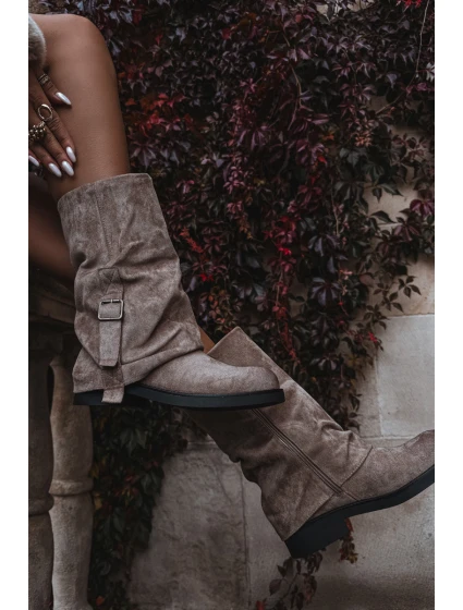 Dámské kozačky s ohrnutým svrškem a s přezkou Minelle – khaki