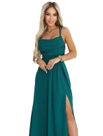 Maxi šaty bez ramínek s zavazováním na zádech a rozparkem lahvově zelené model 21956242 - numoco