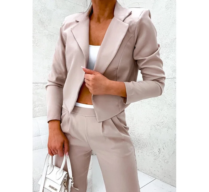 Béžový dámský komplet krátké sako a široké kalhoty model 19763935 - Moon Béžový dámský komplet krátké sako a široké kalhoty model 19763935 - Moon