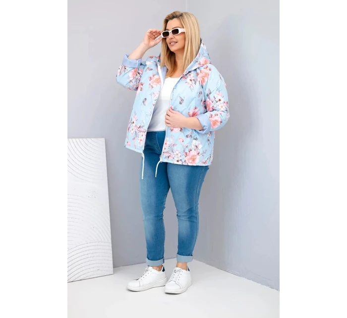 Dámská jarní prošívaná bunda Plus Size s kapucí a květinovým vzorem modrá