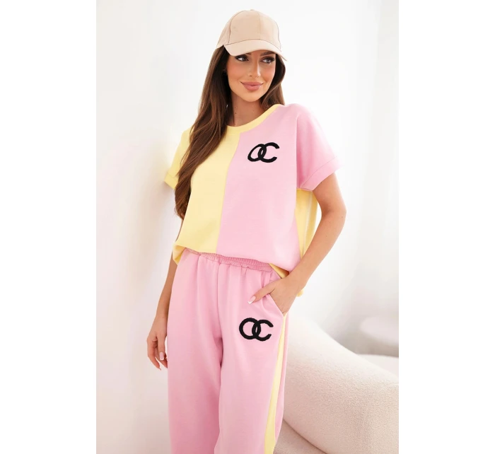 Dámská máslová souprava s oversize mikinou a širokými kalhotami světle růžová + žlutá