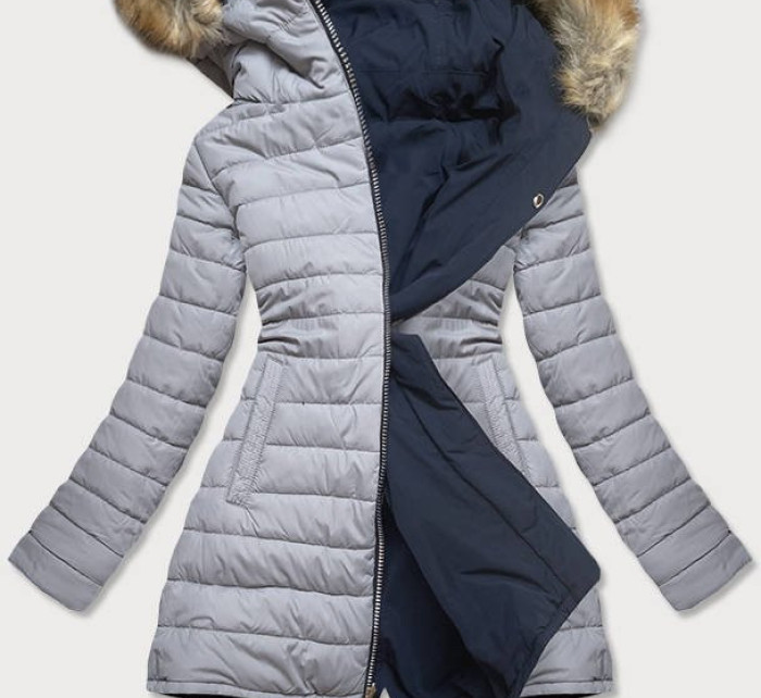 Tmavě modro-šedá oboustranná dámská zimní bunda s kapucí (W210)