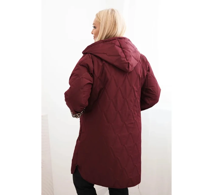 Dámská prošívaná bunda Plus Size s podšívkou v leopardím vzoru a kapucí bordová