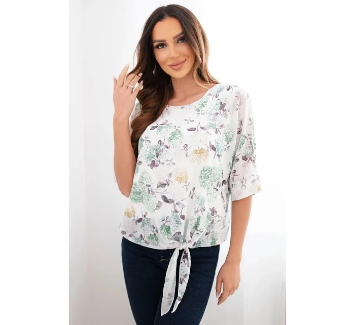 Dámská halenka s květinovým vzorem a vázáním dole tmavě mátová Dámská halenka s květinovým vzorem a vázáním dole tmavě mátová