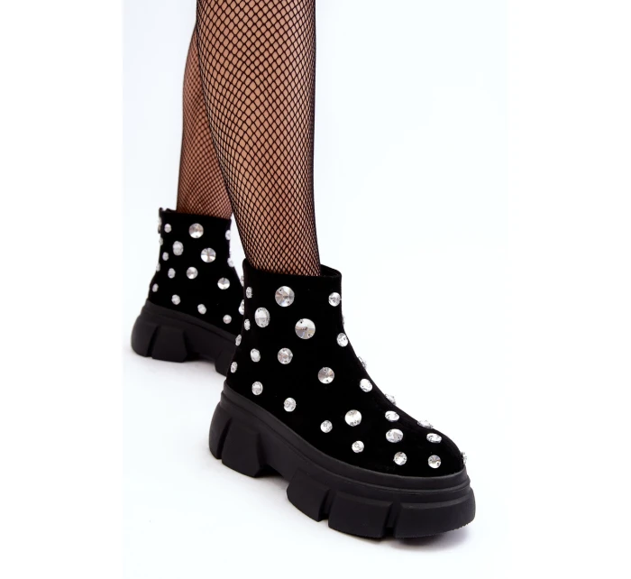 Kožené semišové zateplené obuv s krystaly D A Černé Damskie model 21636887 - S.Barski