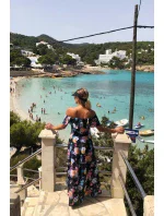 Dlouhé dámské černé šaty s barevnými květy a španělským výstřihem model 7118058