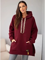 Mikina dámská oversize z bavlny s kapucí a kapsou bordó